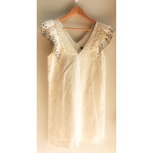 J. Crew Dress Linen Lined Ivory w/ Black Eyelet Flutter Cape Sleeve Zip Back